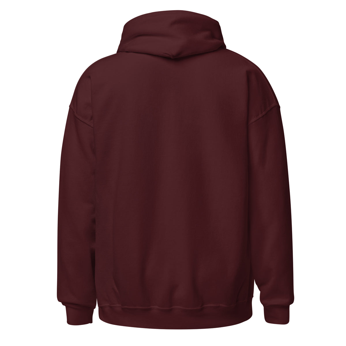 Maroon pullover hoodie with hood and kangaroo pocket, back view