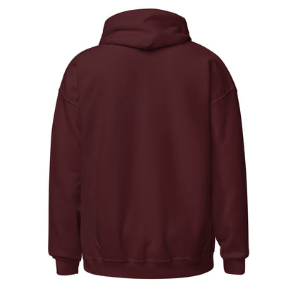 Maroon pullover hoodie with hood and kangaroo pocket, back view