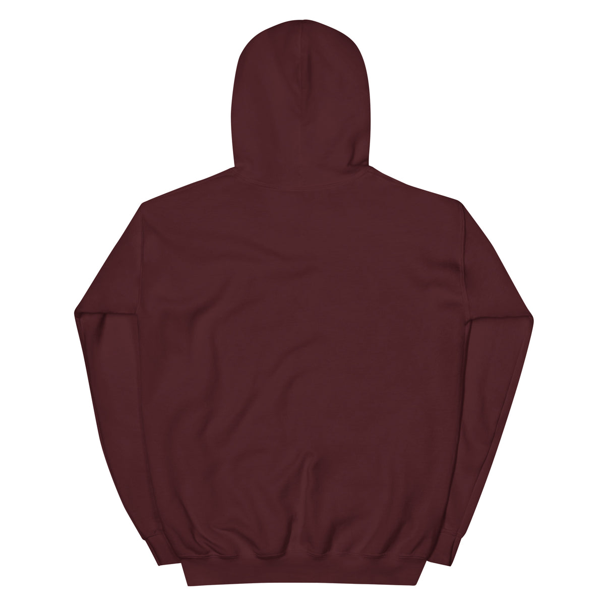 Maroon pullover hoodie back view with adjustable hood, long sleeves, and kangaroo pocket.