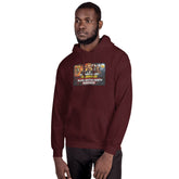 Maroon unisex pullover hoodie with hood and chest graphic
