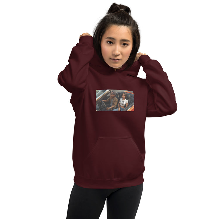 Unisex maroon pullover hoodie with hood, front pouch pocket, and chest photo graphic