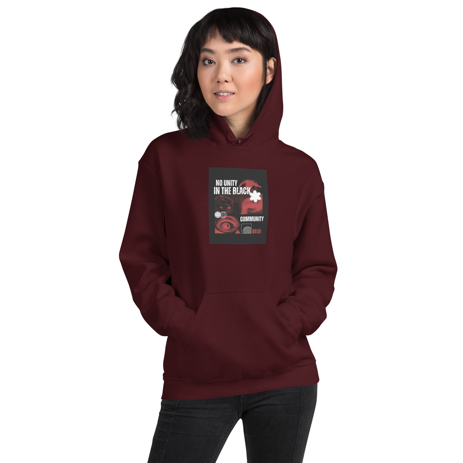 Unisex-Hoodie mit Kapuze, dunkelrot, Frontansicht mit mittigem Brustprint