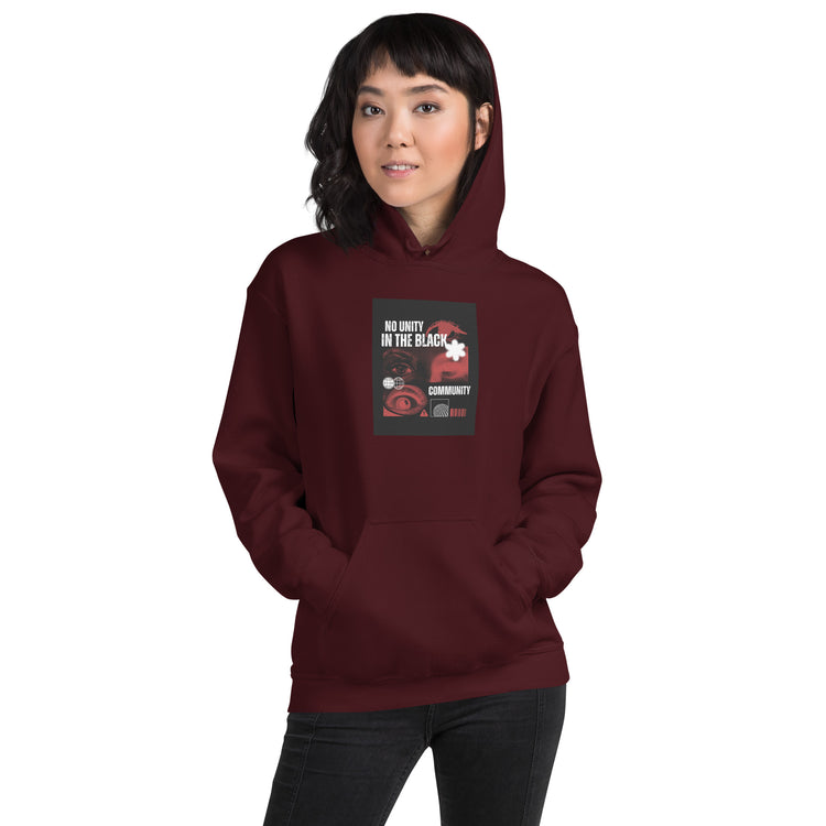 Maroon unisex pullover hoodie with front graphic and kangaroo pocket