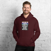 Maroon unisex hoodie with hood, drawstrings, kangaroo pocket, and front graphic print.