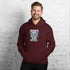 Unisex hoodie in maroon; front view with hood and chest graphic