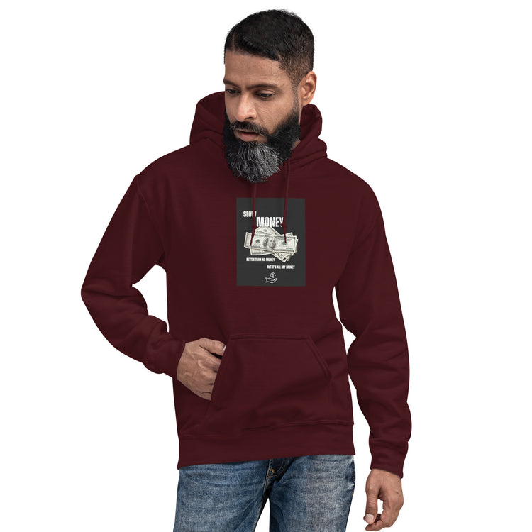 Unisex maroon hoodie with front print, kangaroo pocket, and drawstring hood