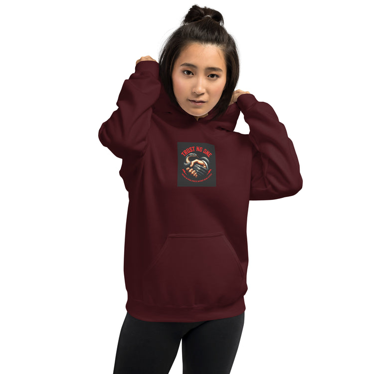 Unisex maroon hoodie with hood, front pouch pocket, and chest graphic print
