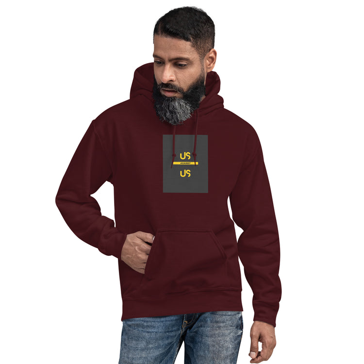Maroon unisex hoodie with hood, front pouch pocket, and small chest graphic patch.