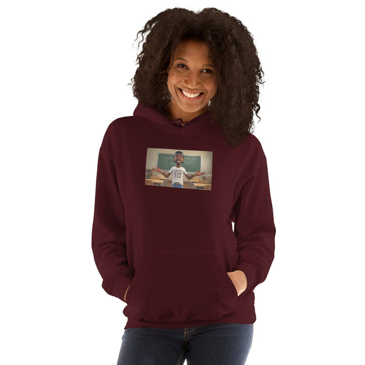 Maroon unisex hoodie with hood, front pocket, chest graphic print