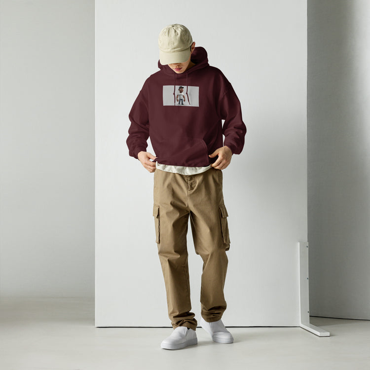 Maroon unisex pullover hoodie with front pouch and chest graphic print, hood up