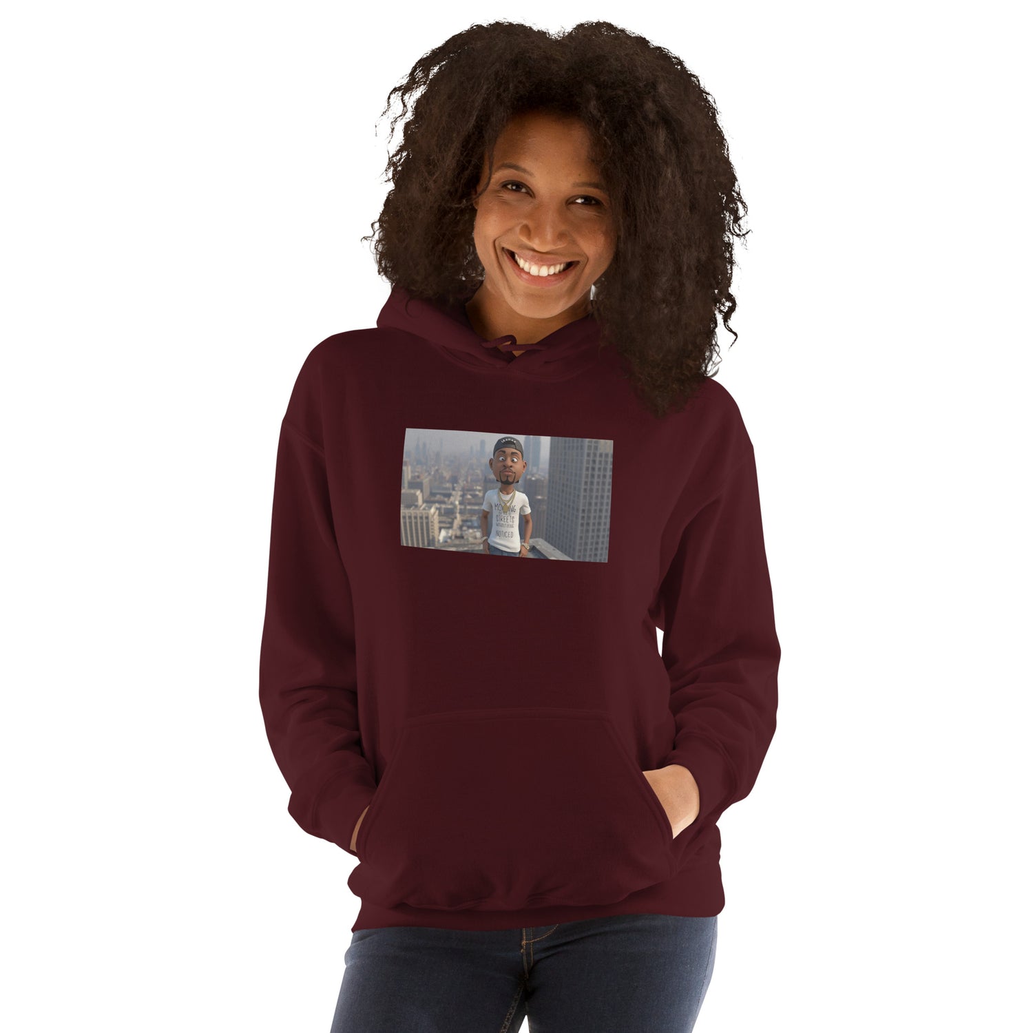 Unisex-Hoodie maroon mit Kapuze und Fronttasche, rechteckiger Bild-Print