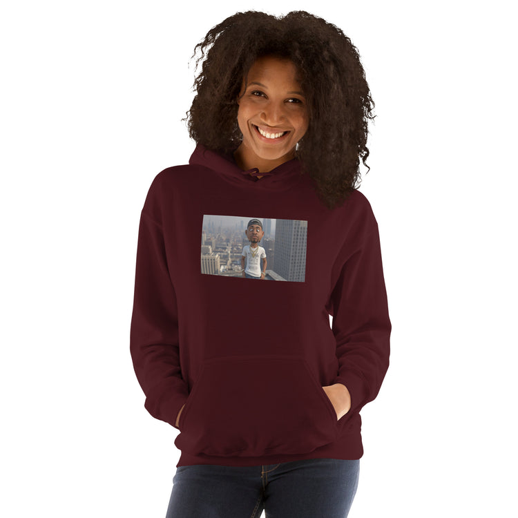 Maroon pullover hoodie with hood, front pouch pocket, and chest photo-style graphic.