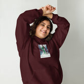 Maroon unisex hoodie with chest graphic, hood with drawstrings, and front pouch pocket