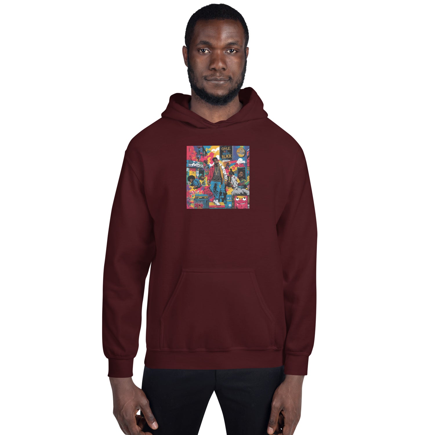 Sudadera con capucha burdeos, vista frontal con gráfico en el pecho