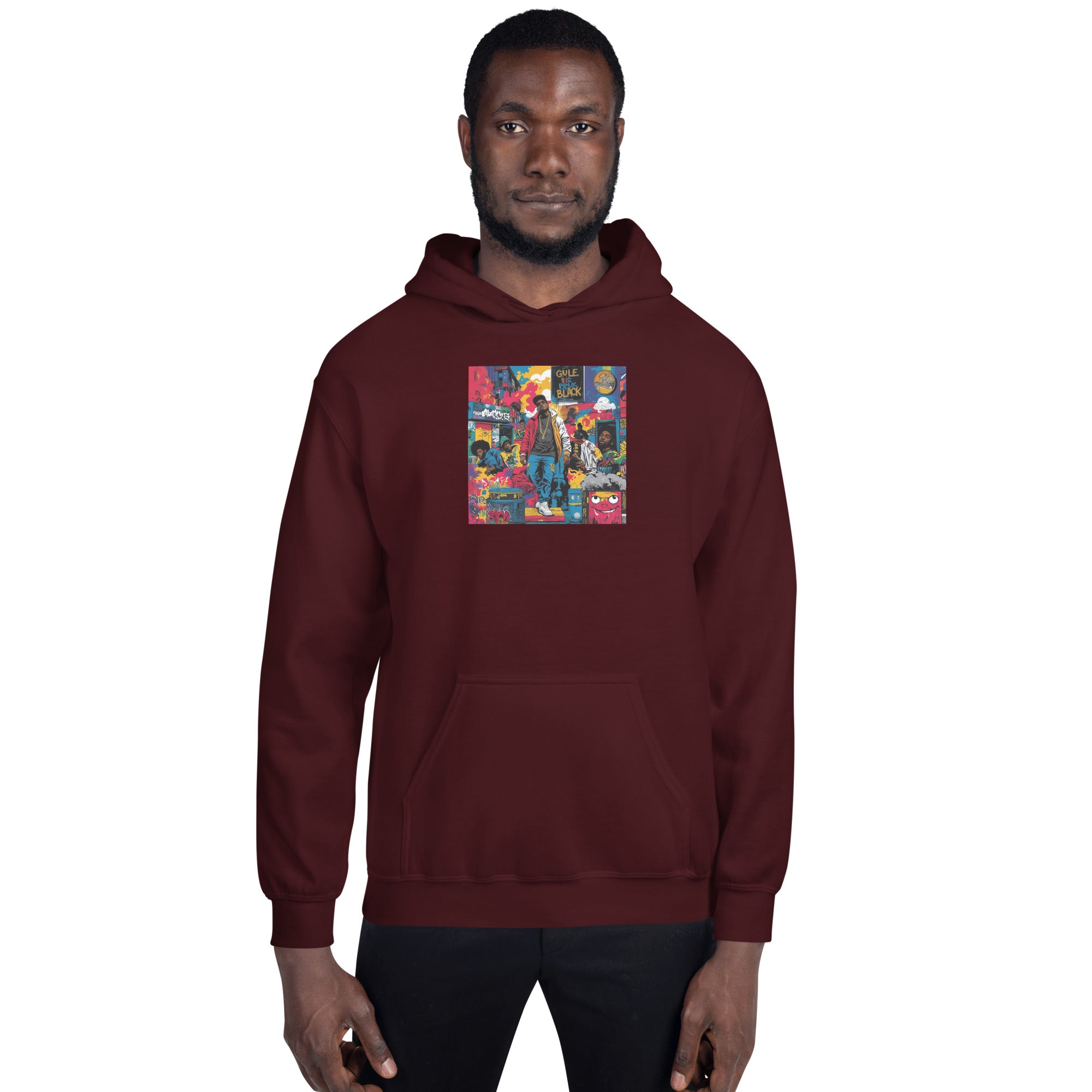 Sudadera con capucha burdeos, vista frontal con gráfico en el pecho