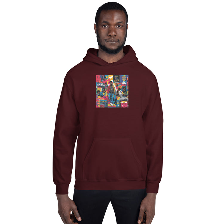 Maroon unisex pullover hoodie with chest graphic print, front view, hood and pouch pocket.