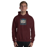 Unisex maroon hoodie with pullover hood, front pocket, and chest graphic.