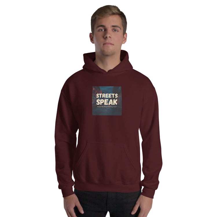 Unisex maroon hoodie with pullover hood, front pocket, and chest graphic.