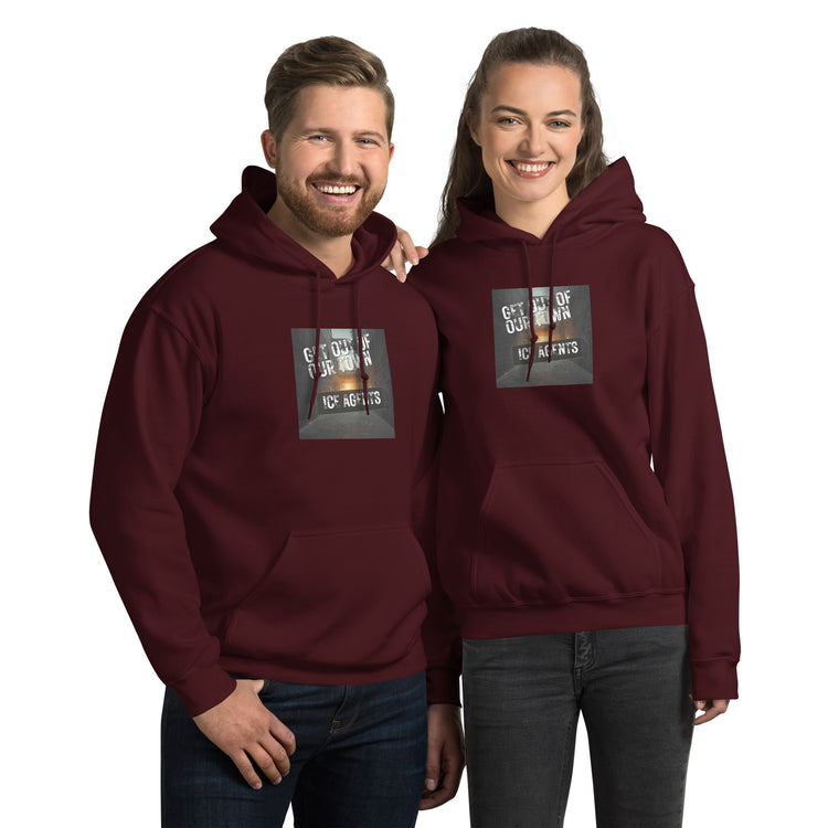 Unisex hoodie in maroon with front logo graphic, pullover hood, and kangaroo pocket