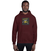 Maroon unisex hoodie with hood and front chest graphic, full front view
