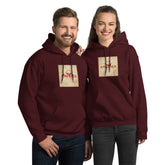 Maroon unisex hoodie with front pocket and hood, graphic chest print