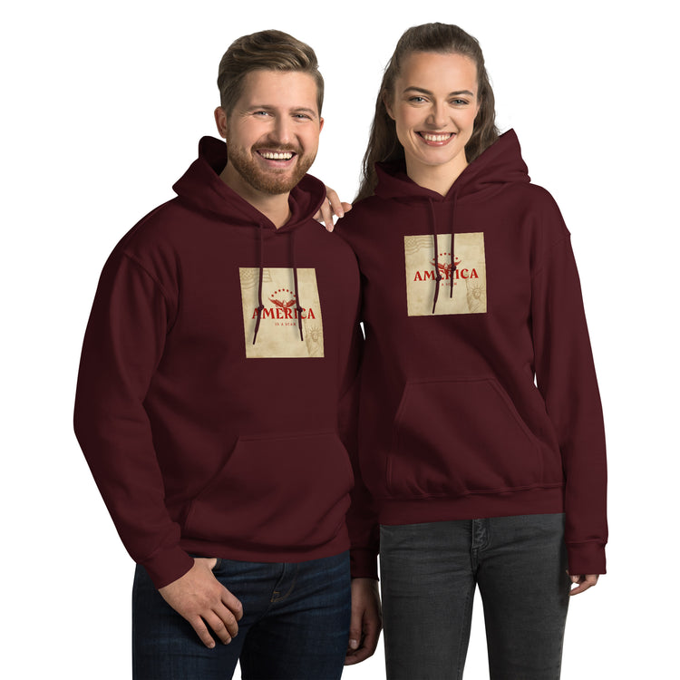 Maroon unisex hoodie with front pocket and hood, graphic chest print