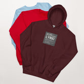 Maroon hoodie with front LYRIC graphic, hood up and front pocket