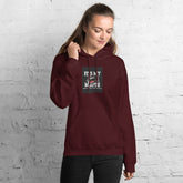 Maroon unisex pullover hoodie with hood and front pocket, featuring a square chest graphic