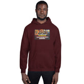 Maroon unisex pullover hoodie with chest graphic and front pocket