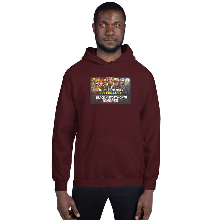 Maroon unisex pullover hoodie with chest graphic and front pocket