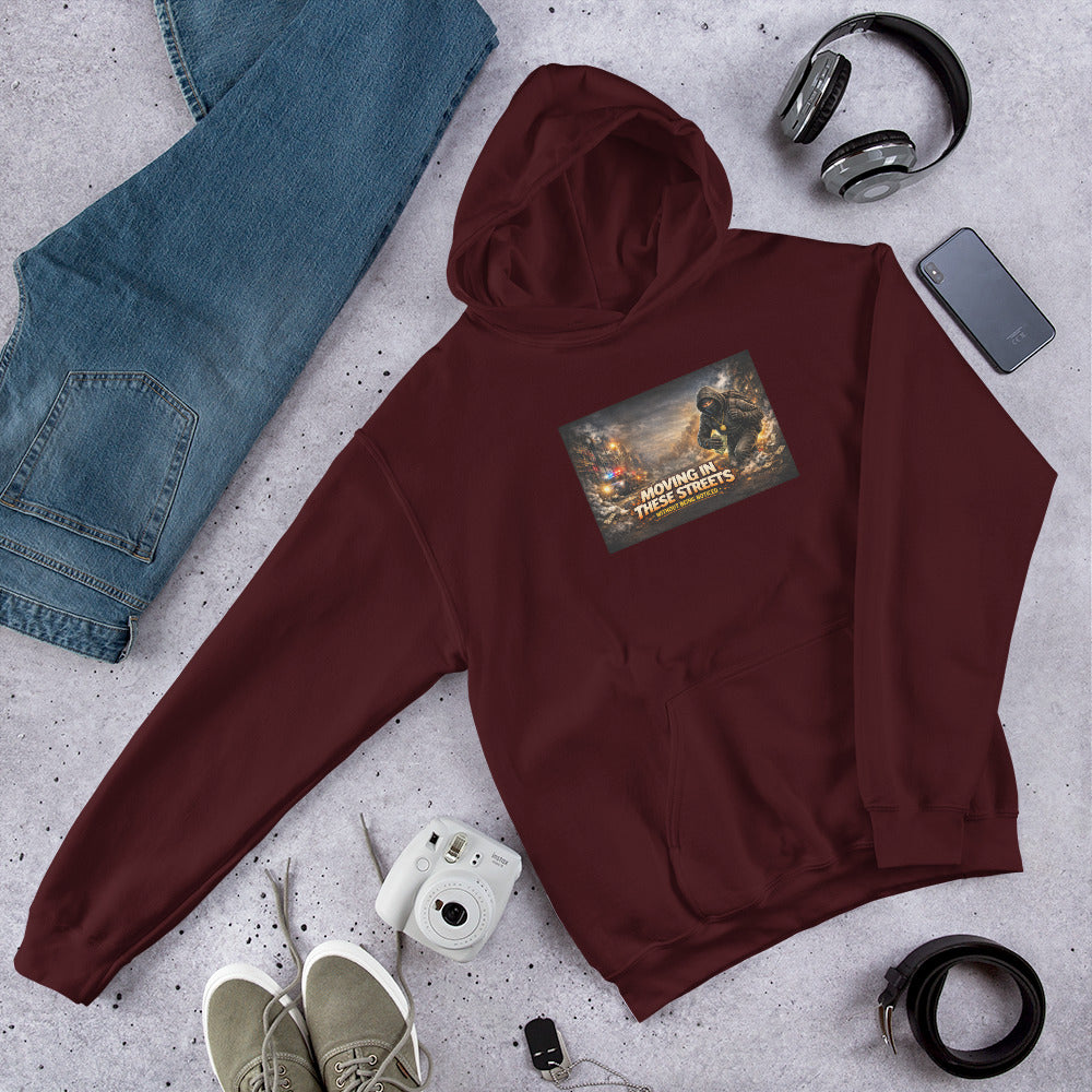 Maroon unisex hoodie with front graphic print, kangaroo pocket, drawstring hood