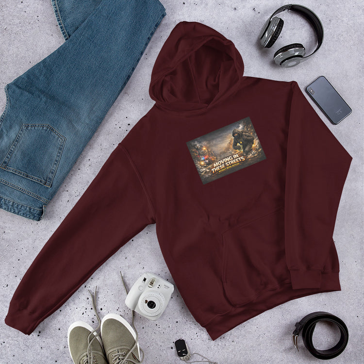 Unisex maroon hoodie with chest graphic and front kangaroo pocket