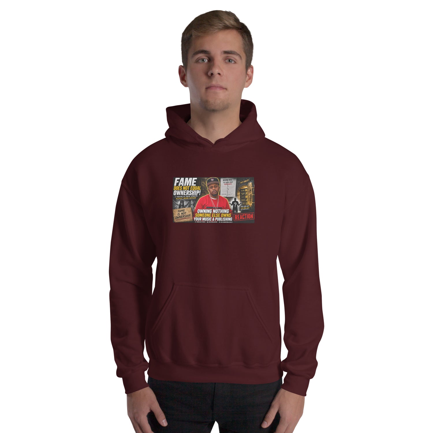 Maroon unisex hoodie with drawstring hood and front graphic print