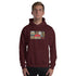 Maroon unisex hoodie with drawstring hood and front graphic print