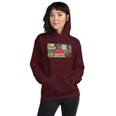 Maroon pullover hoodie with front graphic print, kangaroo pocket, and drawstring hood.