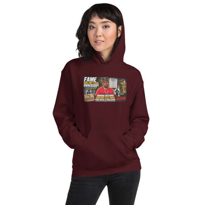 Maroon pullover hoodie with front graphic print, kangaroo pocket, and drawstring hood.