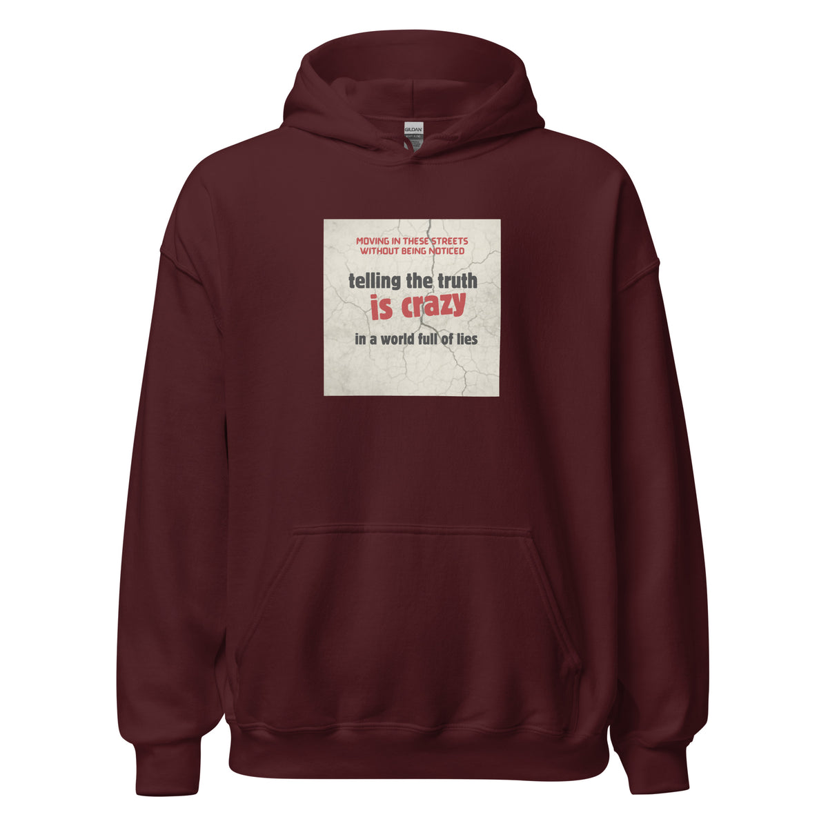 Maroon pullover hoodie with hood, kangaroo pocket, and chest graphic