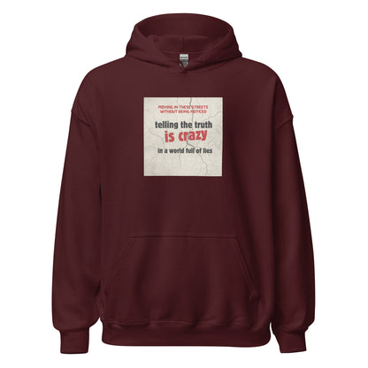 Maroon pullover hoodie with hood, kangaroo pocket, and chest graphic