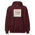 Maroon pullover hoodie with hood, kangaroo pocket, and chest graphic