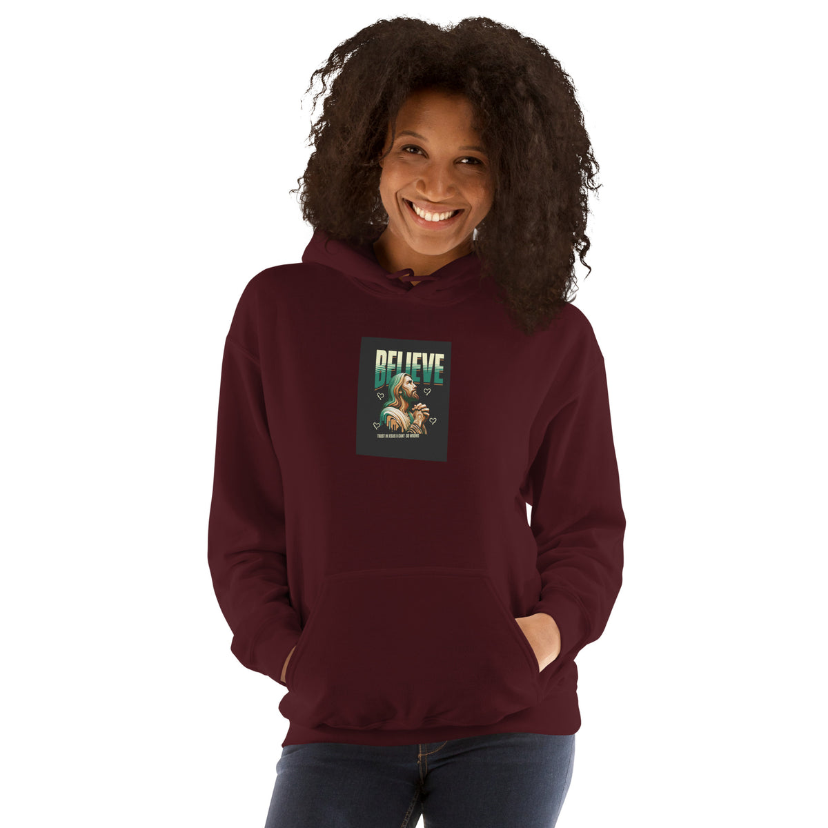 Maroon hoodie with hood and printed chest graphic, front view