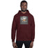 Maroon pullover hoodie with hood and kangaroo pocket, front view with chest print