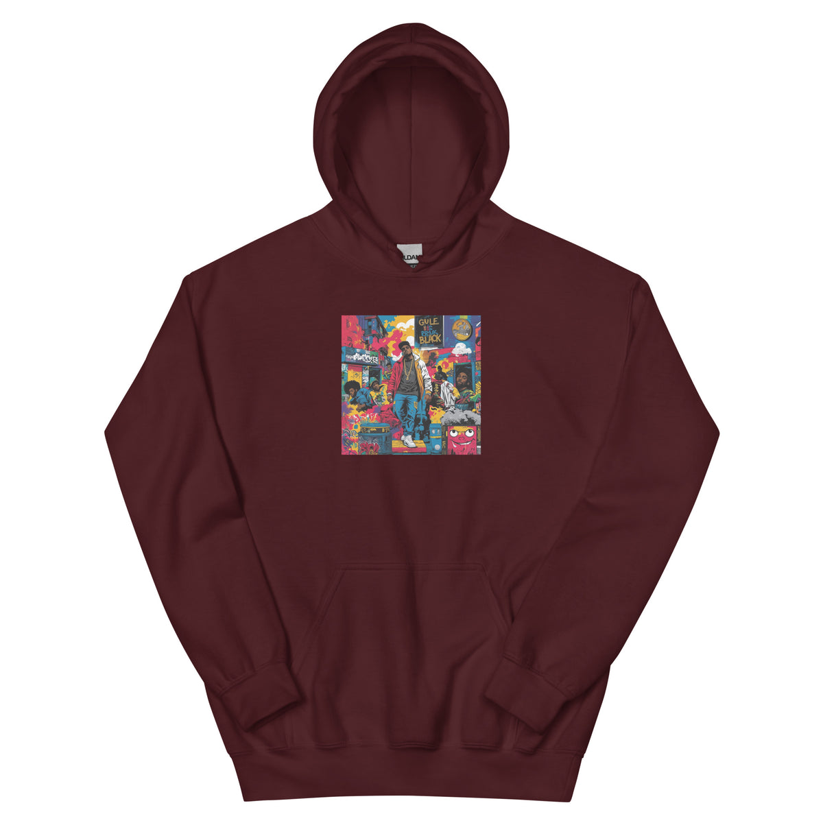 Maroon pullover hoodie with colorful square graphic on the chest