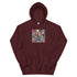 Maroon pullover hoodie with colorful square graphic on the chest