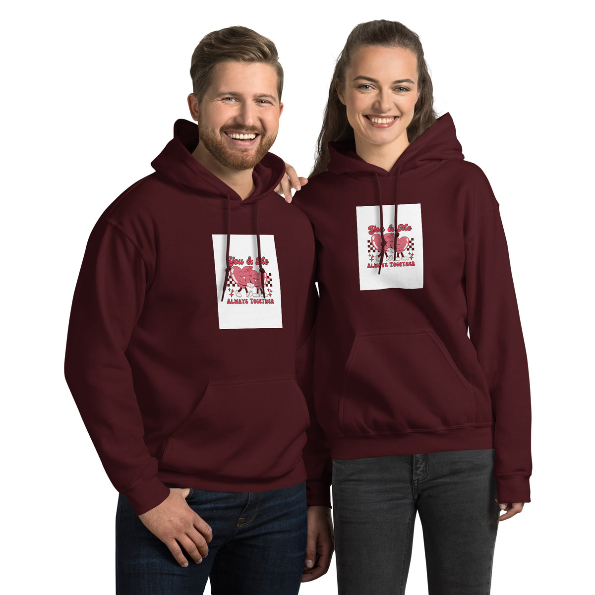 Maroon pullover hoodie with hood and front pocket, square chest graphic print.