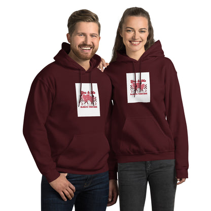 Maroon pullover hoodie with hood and front pocket, square chest graphic print.
