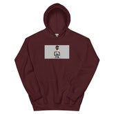Maroon unisex pullover hoodie with centered graphic print and kangaroo pocket