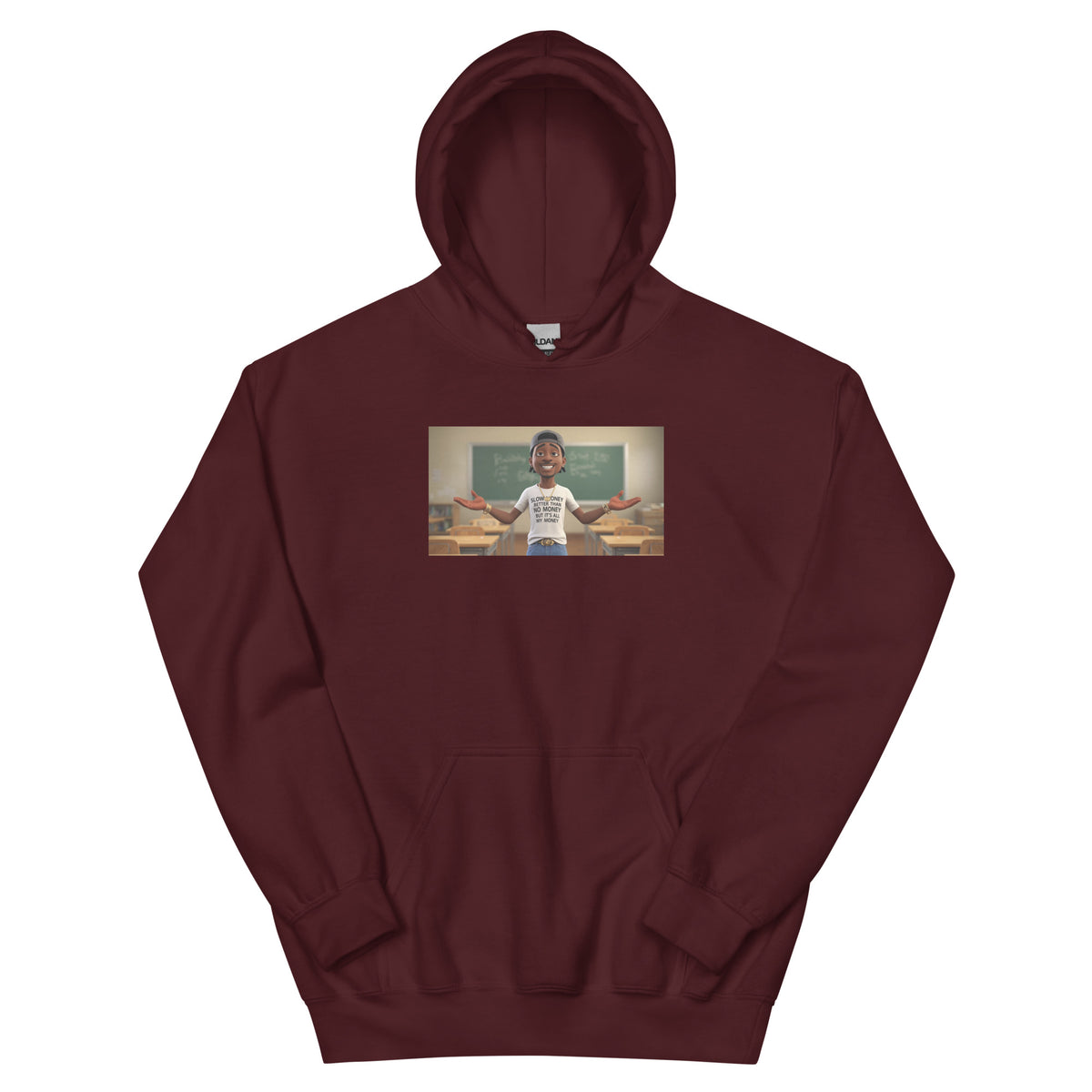 Maroon pullover hoodie with kangaroo pocket, adjustable hood, and small chest graphic.