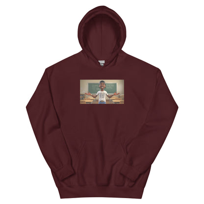 Maroon pullover hoodie with kangaroo pocket, adjustable hood, and small chest graphic.