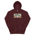 Maroon pullover hoodie with kangaroo pocket, adjustable hood, and small chest graphic.
