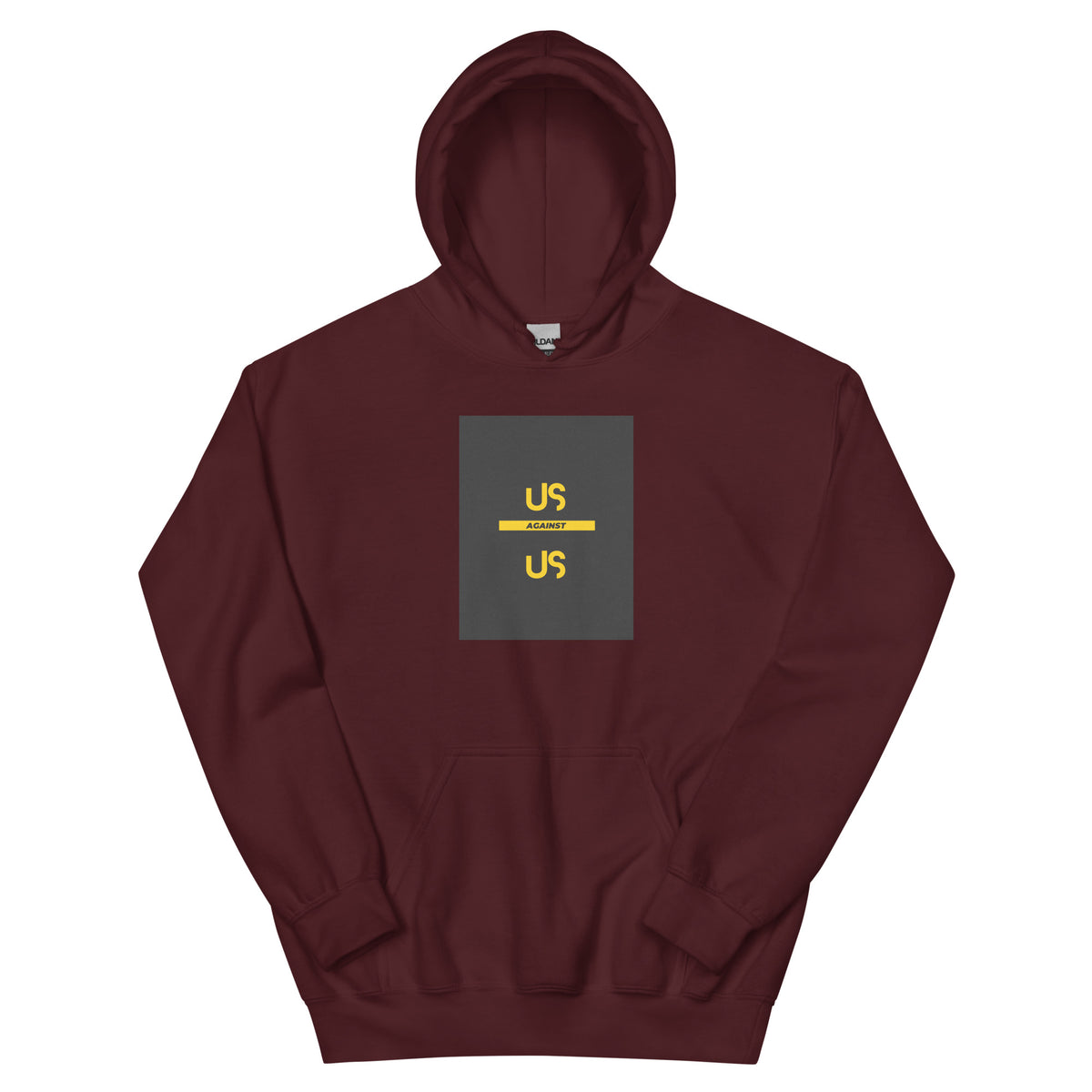 Unisex maroon pullover hoodie with yellow “US” chest graphic and front pouch pocket